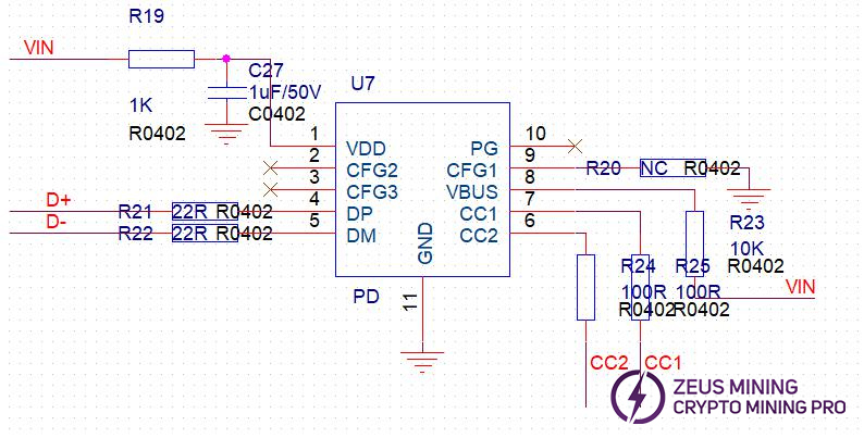 Diagrama del circuito del chip U7 de la placa hash KS0