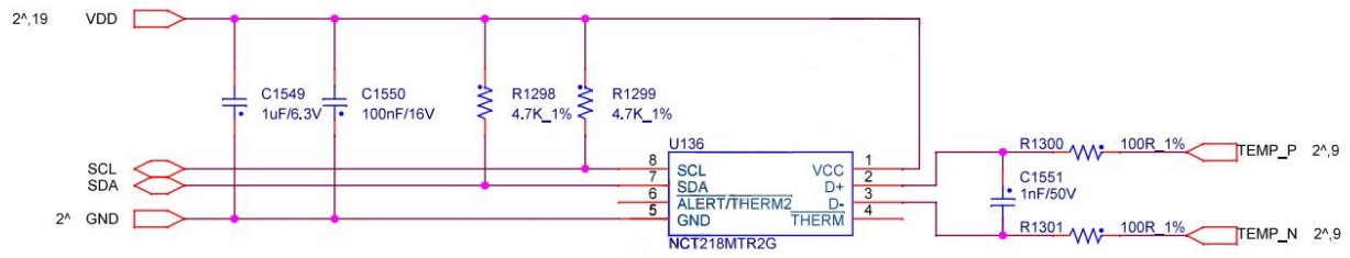 Diagrama del circuito del sensor de temperatura NCT218